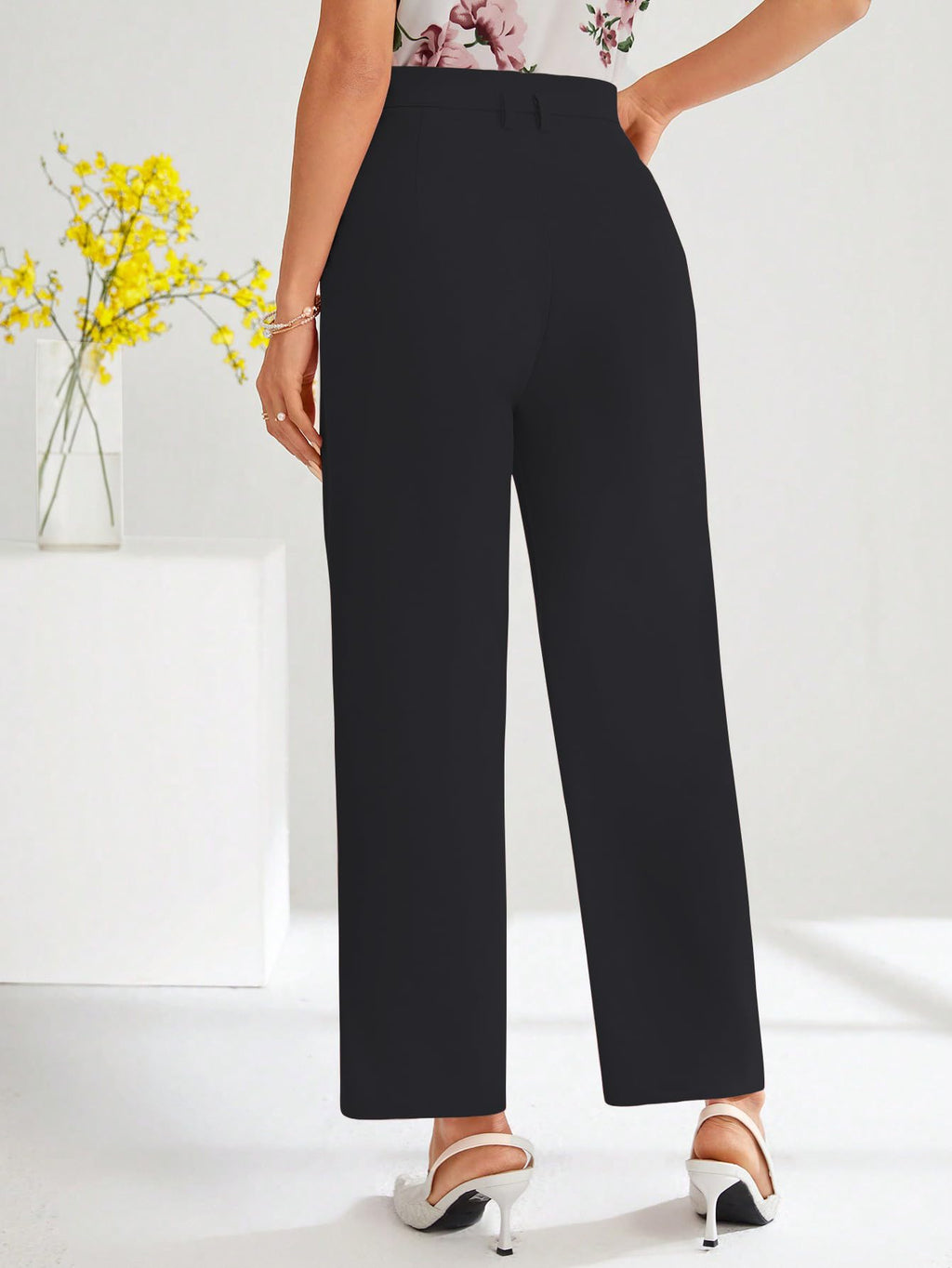Shasmi Womens Black High Waist Pleated Straight Leg Trousers  Elegant Solid Color Work Pants with Pockets, Casual Office Wear Po