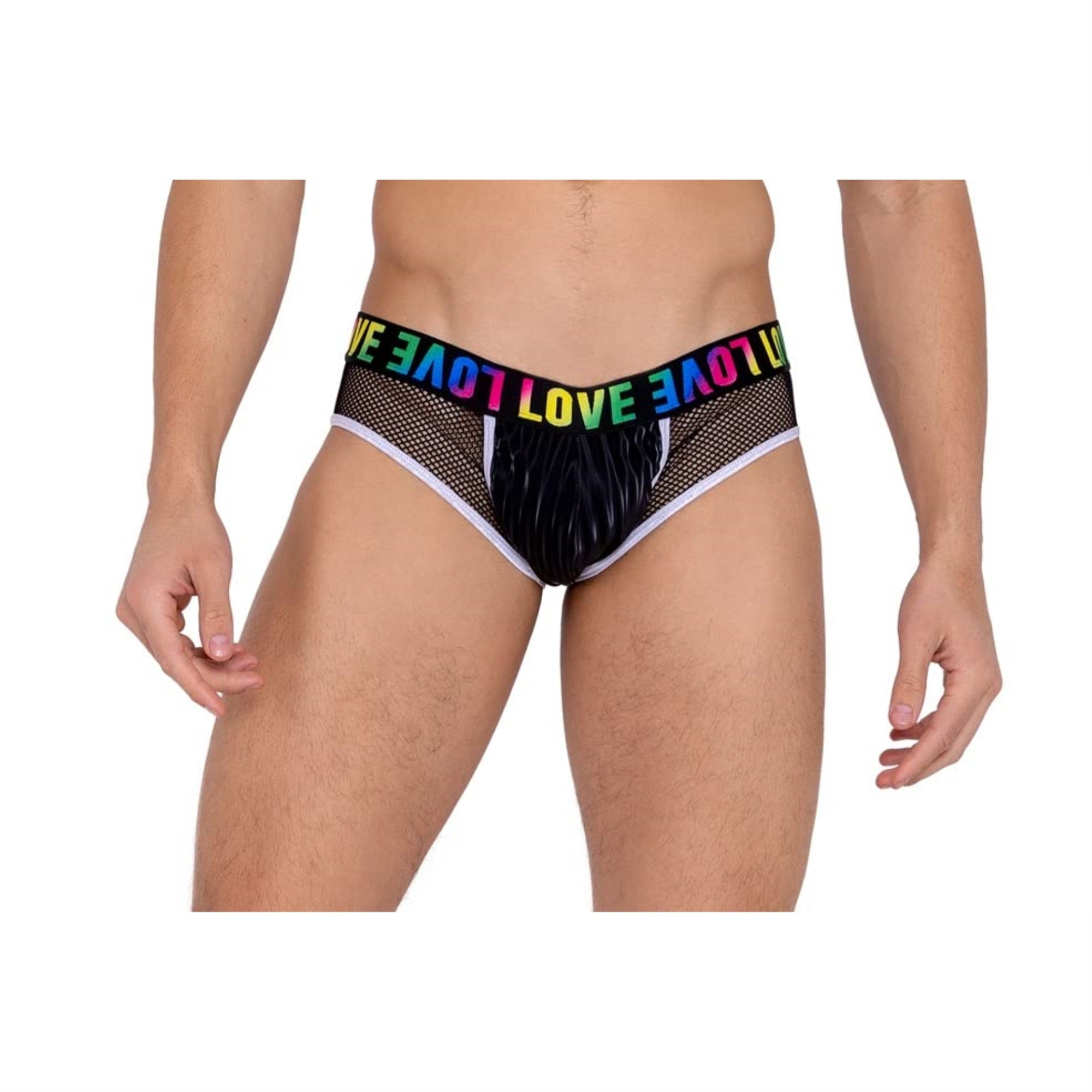 Roma Pride Collection Mens Briefs with Sheer Fishnet Panel and Rainbow Logo, Black/Multi, Medium