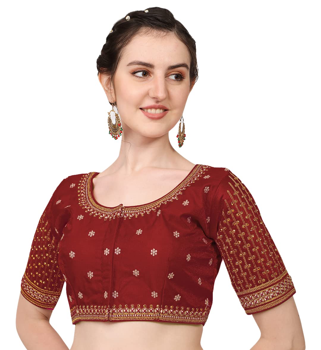 Pujia Mills WomenS Cobra Silk Embroidery Coding Stone Work Half Sleeve Saree Blouse