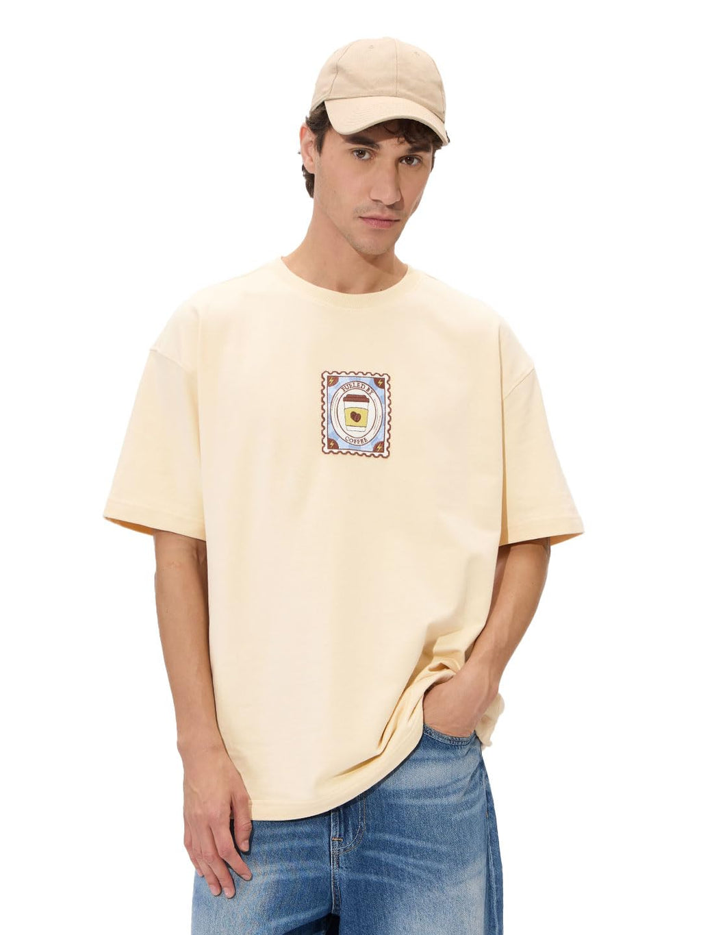 The Souled Store Coffee Stamp Men and Boys Short Sleeves Round Neck Off White Graphic Printed Cotton Oversized T-Shirts