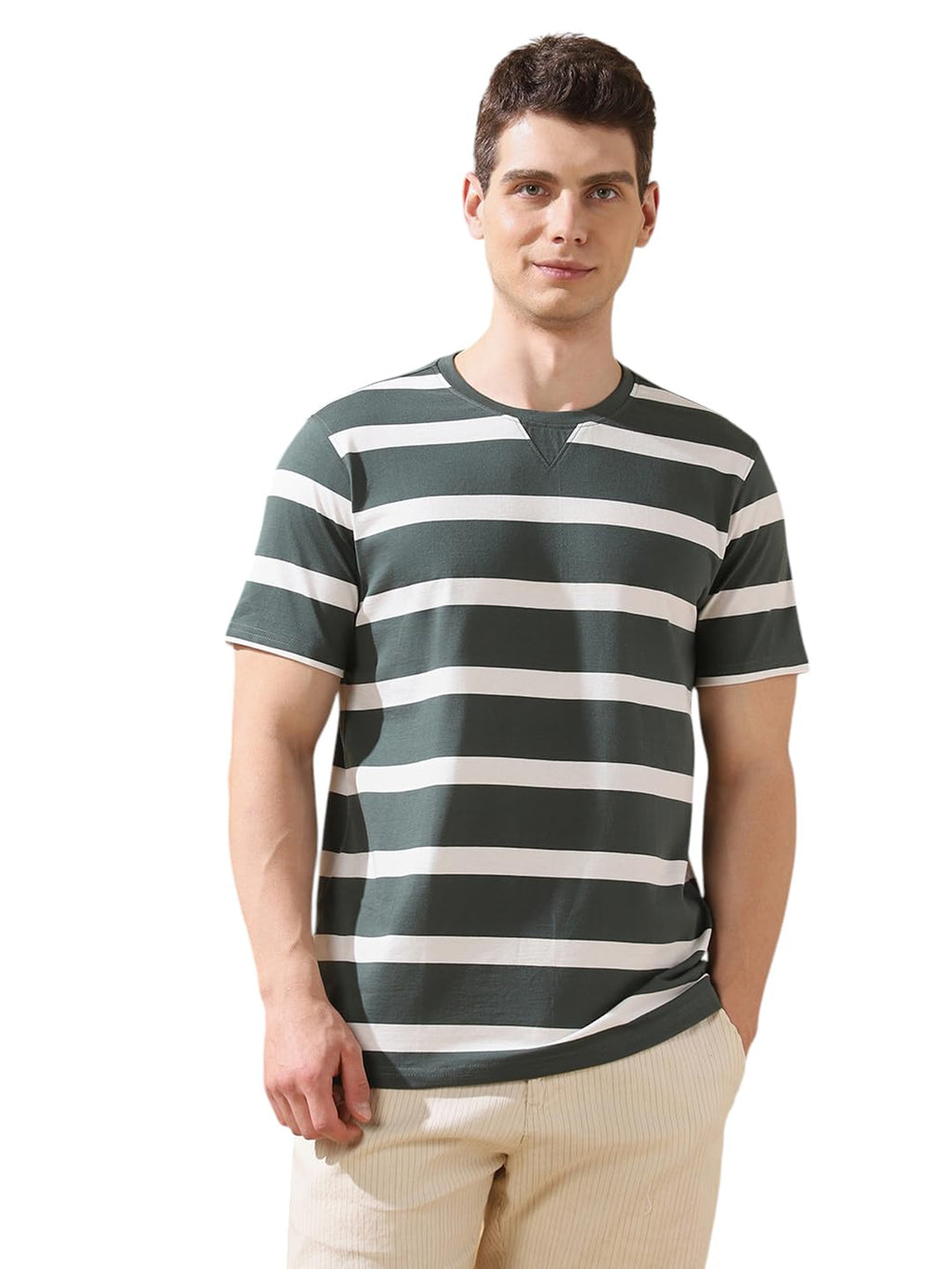 Dennis Lingo Men Cilantro Stripes Round Neck Half Sleeves Regular-Fit T-Shirt Green