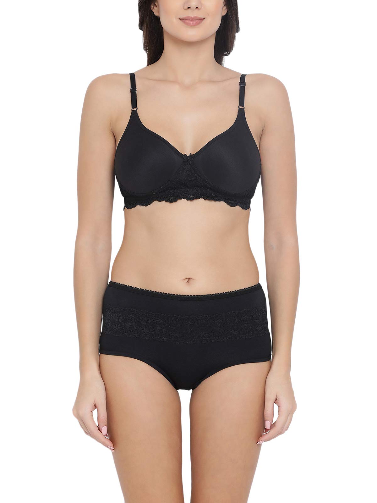 Clovia Womens Cotton Rich Non-Wired Spacer Cup T-Shirt Bra & Hipster Panty (COMBBP910_Black_38B)