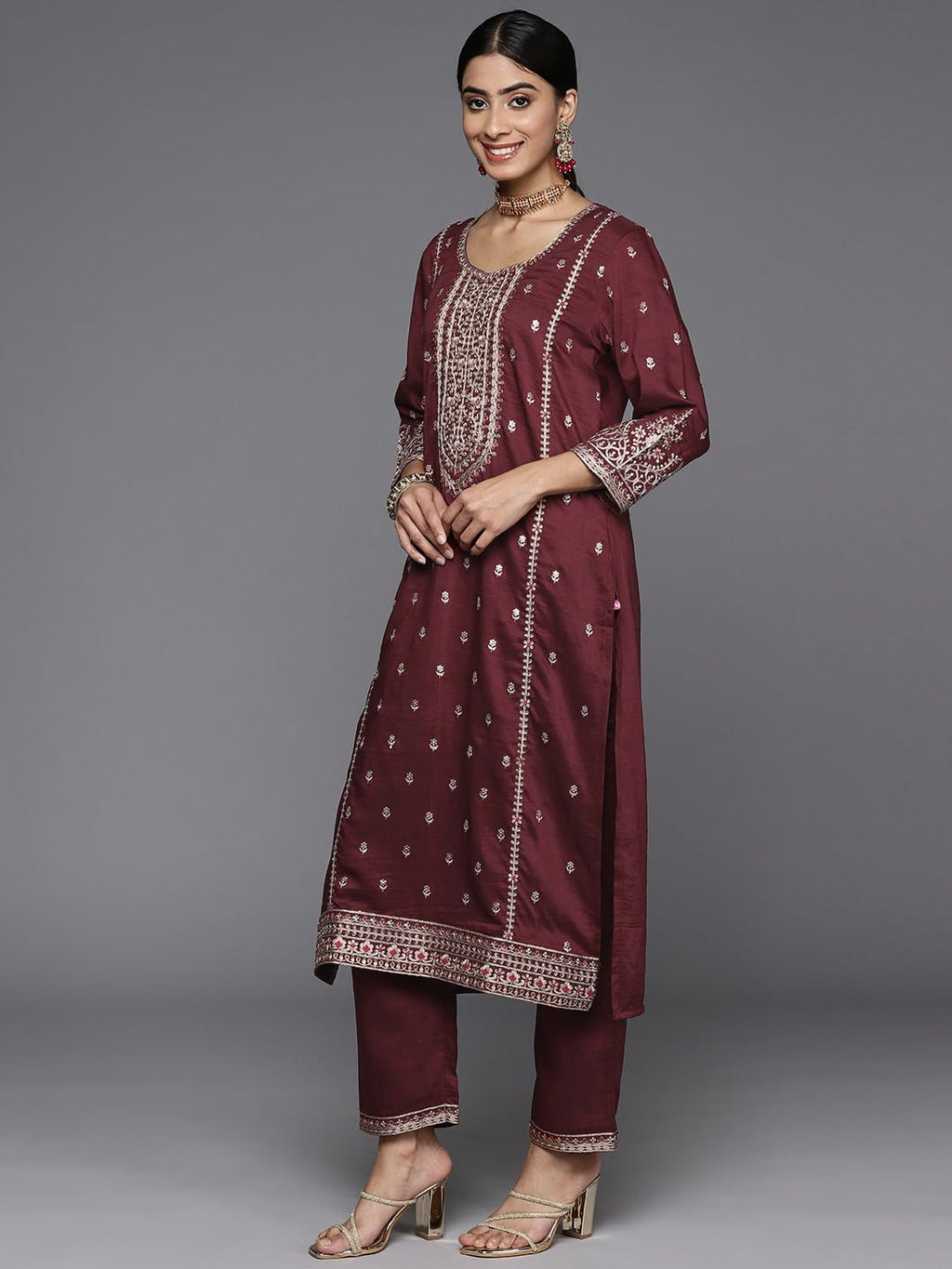 Varanga Women Maroon Embroidered Kurta Paired With Tonal Bottom And Dupatta