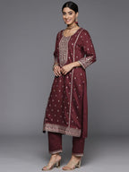 Varanga Women Maroon Embroidered Kurta Paired With Tonal Bottom And Dupatta