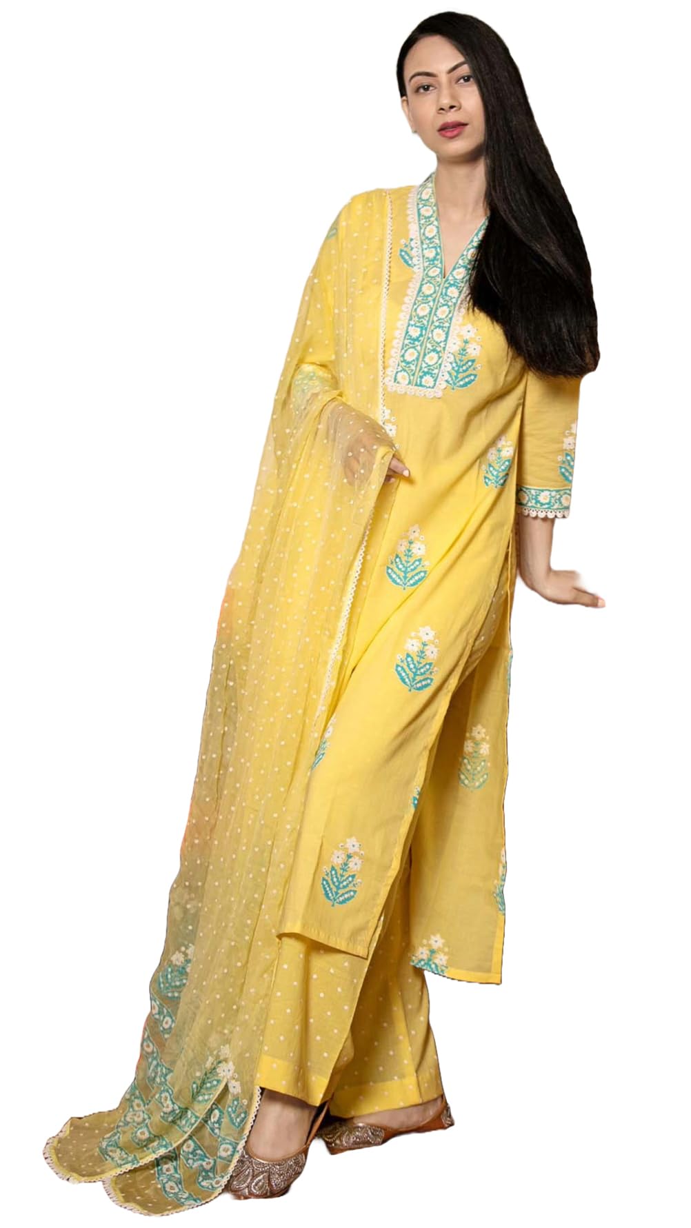 Gosriki WomenS Rayon Viscose Print Straight Kurta With Pants & Dupatta, Mustard, 44-like New