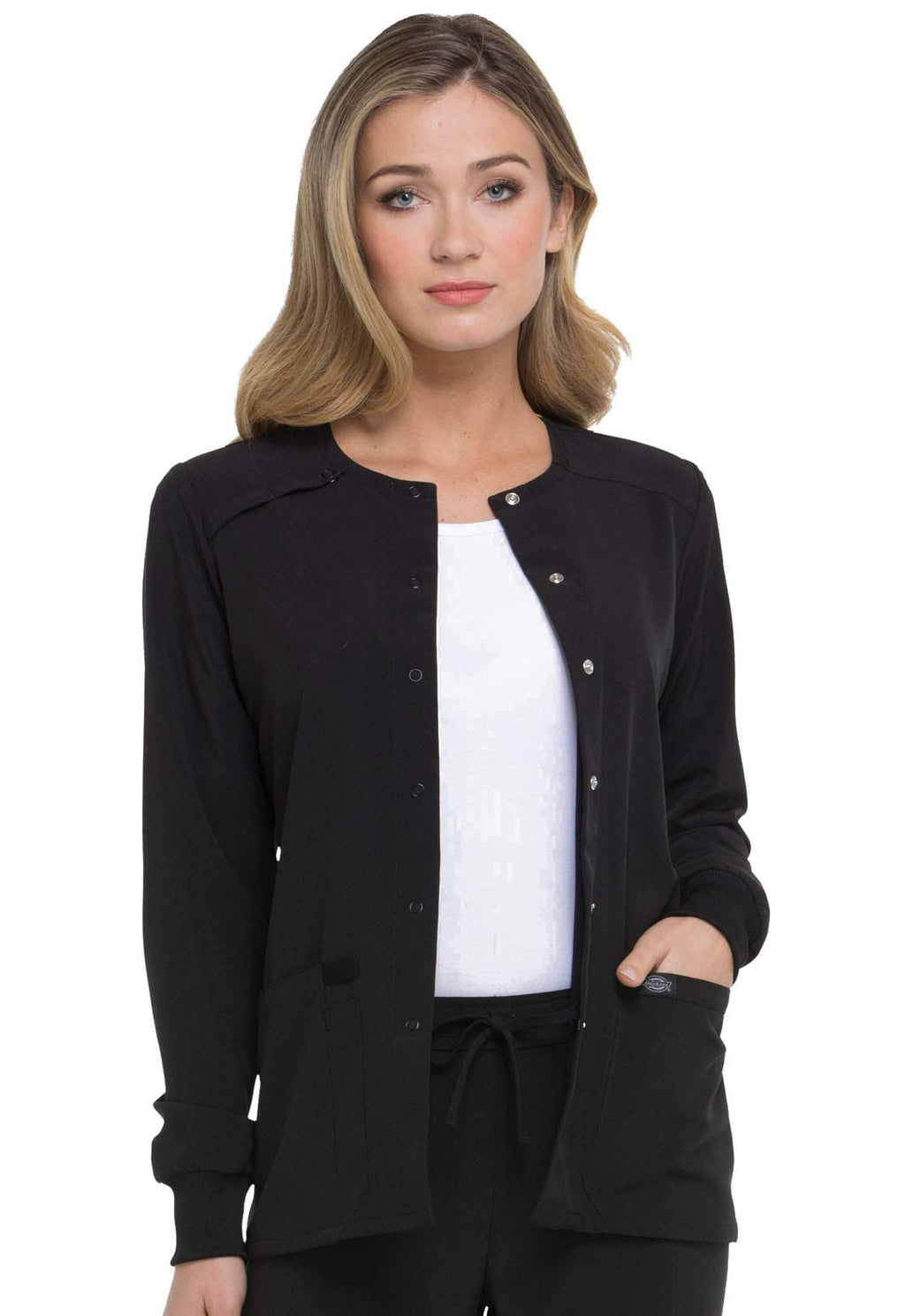 Dickies Scrub Jackets For Woman Snap Front Warm-up Jacket With 2 Pockets - DK305, XXS, Black