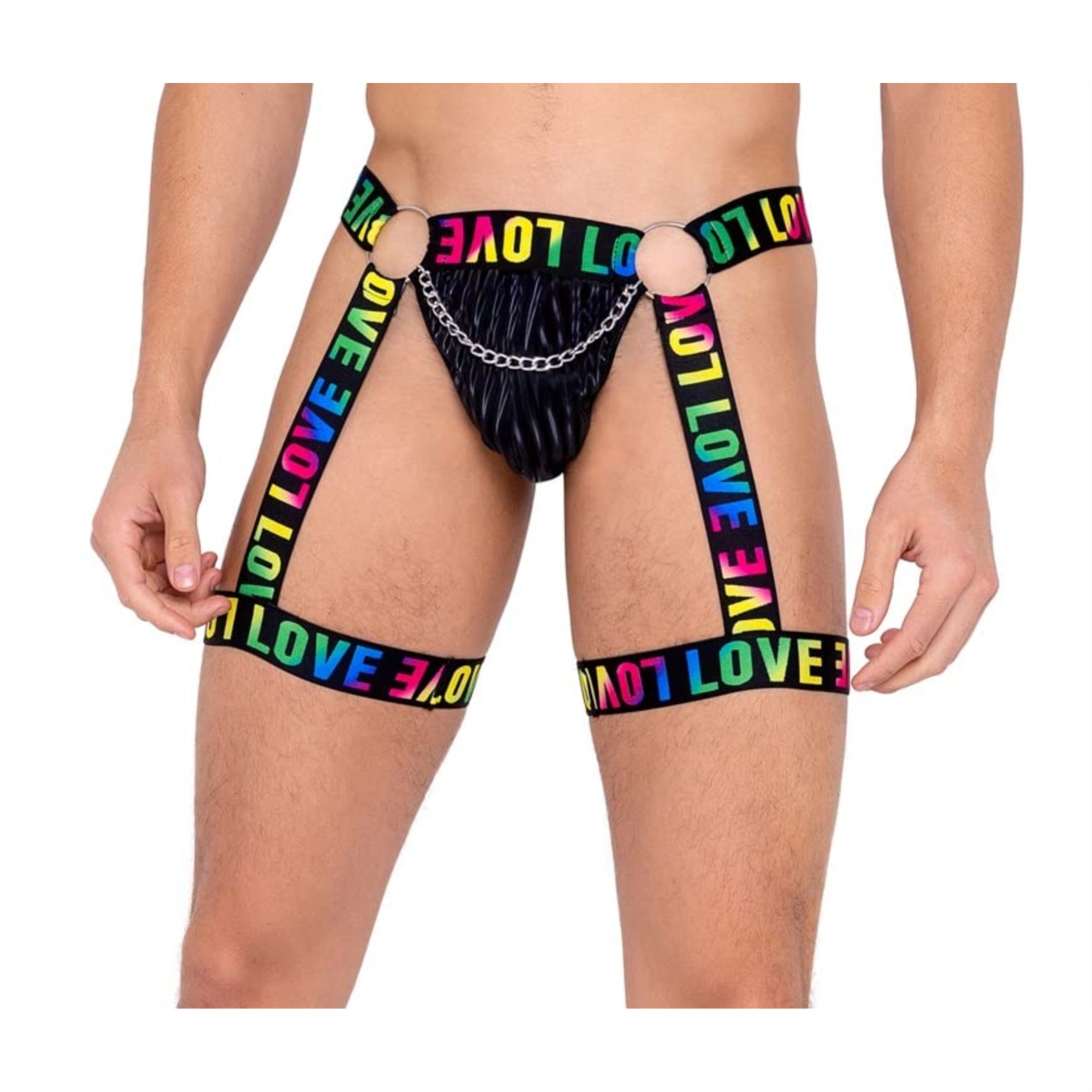 6158 - Mens Pride Thong with Attached Garters - Large / Black/Multi
