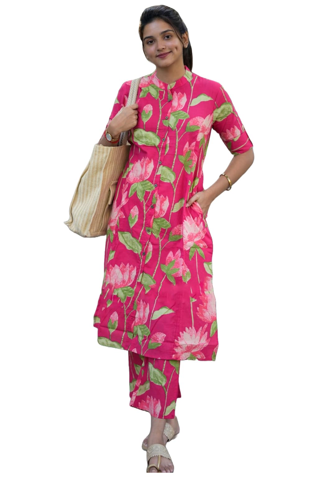 ANNI DESIGNER Women s Straight Printed Viscose Kurta with Trousers, Pink, 44