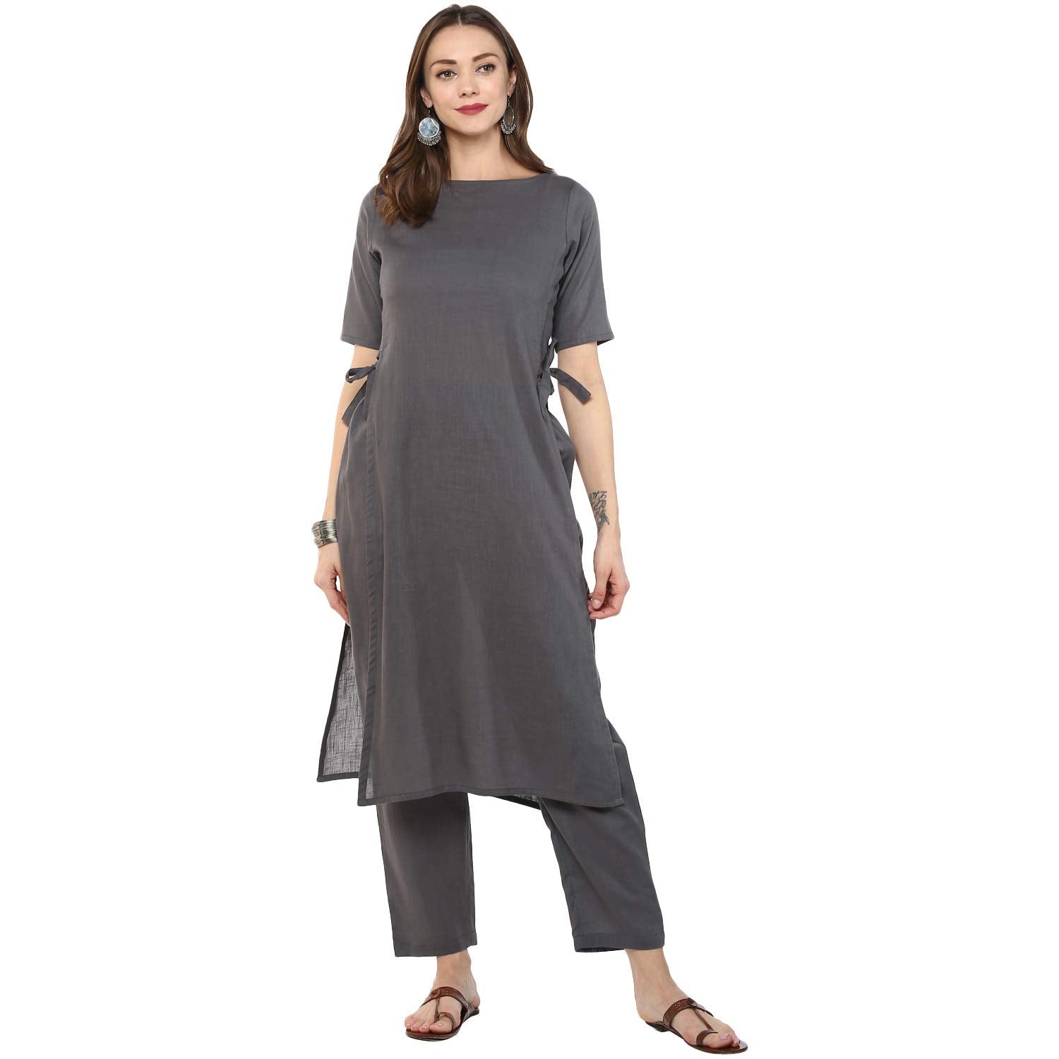 Idalia Rayon Solid Straight Kurta Set For Women 3/4 Sleeve, Round V Neck Designer Kurta With Pant