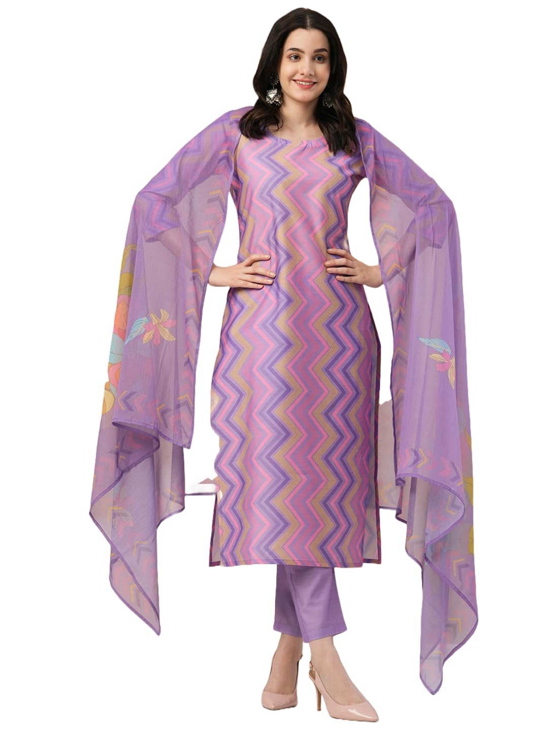 ANNI DESIGNER Womens Rayon Blend Straight Printed Kurta with Pant & Dupatta (Zaggu Purple_S_Purple_Small)