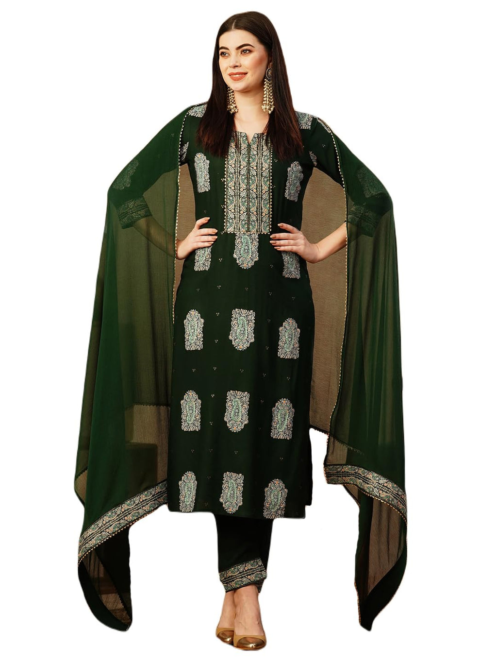 ANNI DESIGNER Womens Cotton Blend Straight Printed Kurta with Pant & Dupatta (Carla Green_XXL_Green_XX-Large)