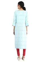 Aurelia Women'S Viscose Blue Geometric Round Neck Straight Kurta Set