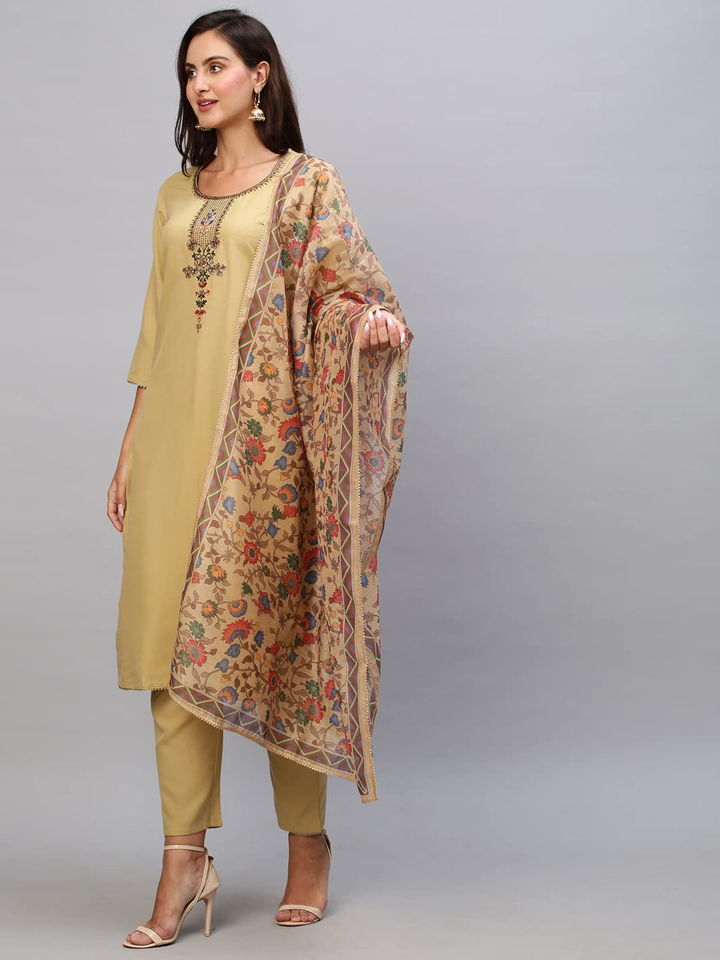ANNI DESIGNER Womens Cotton Blend Straight Solid Kurta with Pant & Dupatta (Shiva Beige-Jan18_L_Beige_Large)