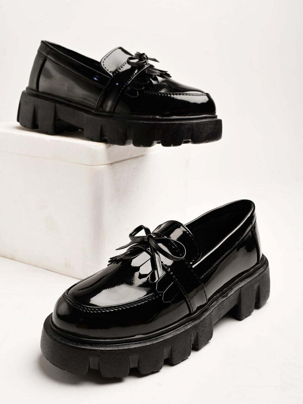 Shoetopia Front Tie Detailed Black Loafers for Women & Girls