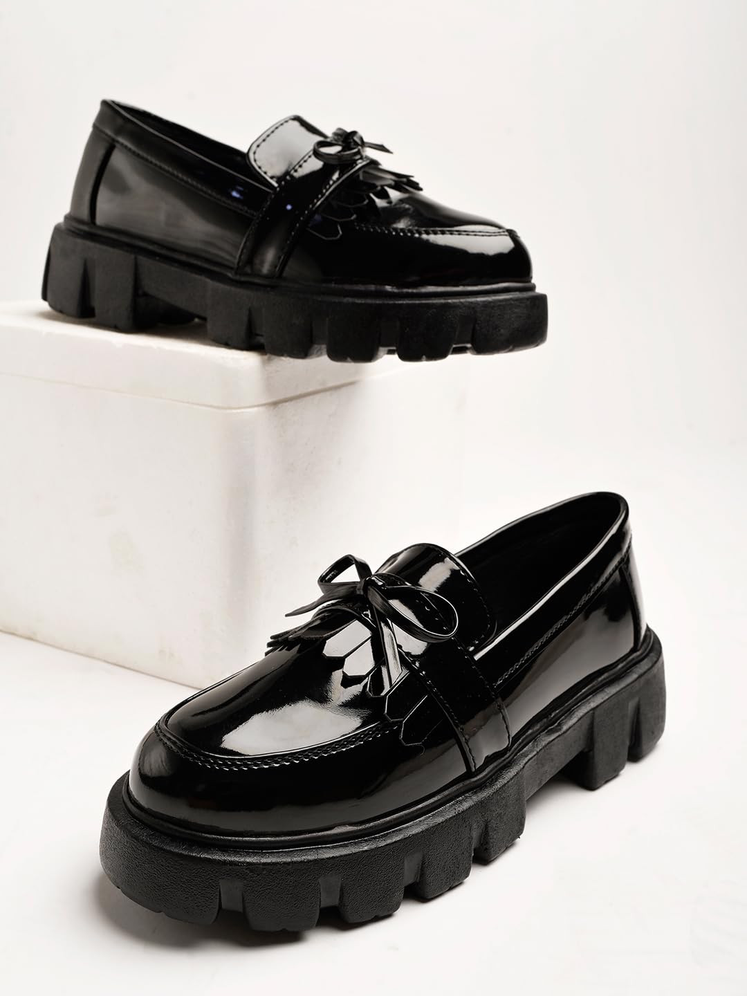 Shoetopia Front Tie Detailed Black Loafers for Women & Girls