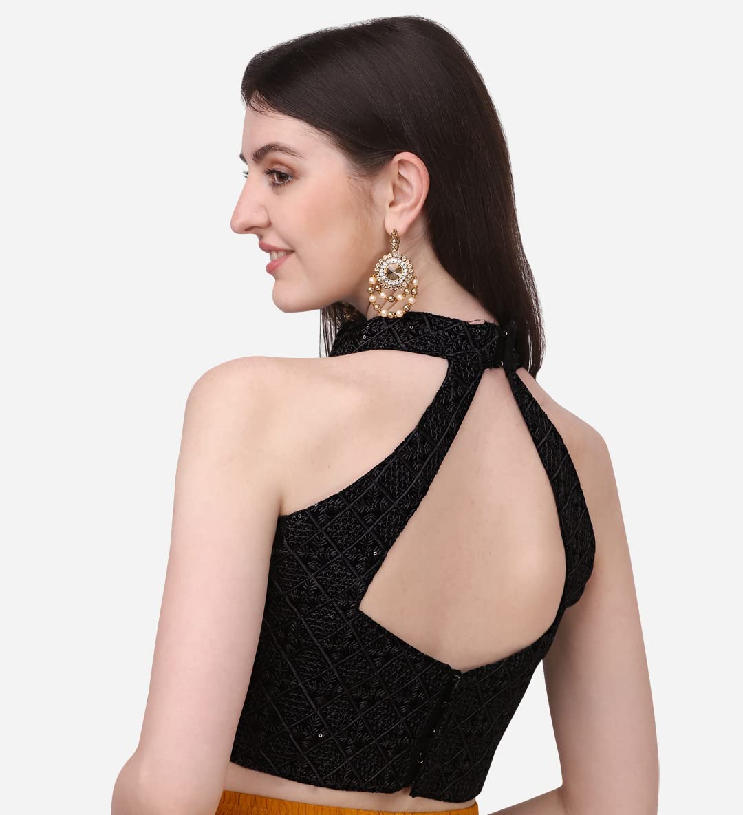 Pujia Mills WomenS Black Sleeveless Blouse For Women Halter Neck Chickenkari Sequins Work Readymade Saree Blouse (Diamond Halte