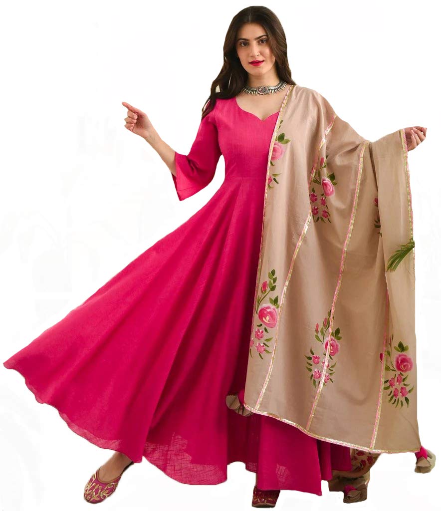Gosriki Women'S Cotton Anarkali Kurta And Dupatta (Without Palazzo)(Pink,M)