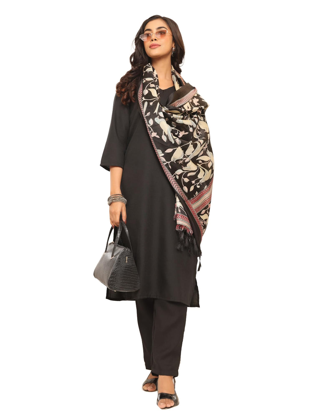 Varanga WomenS Solid Black V-Neck Straight Kurta Set With Printed Dupatta  Stylish & Comfortable Ethnic Wear For Casual & Festi