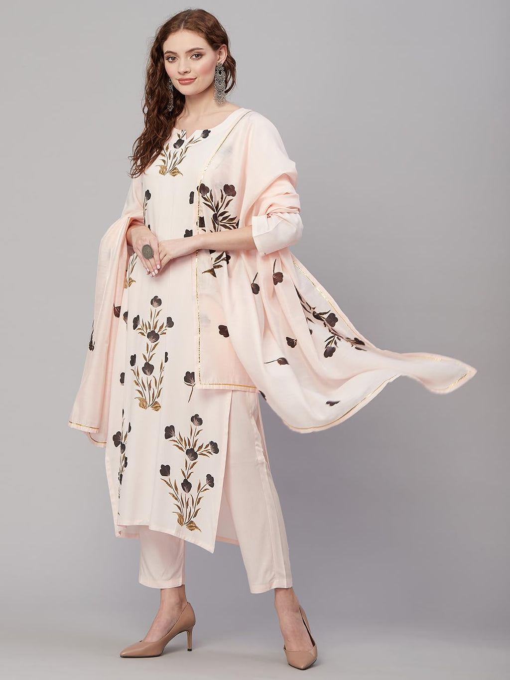 ANNI DESIGNER Womens Cotton Blend Straight Printed Kurta with Pant & Dupatta (Brush-Peach-KNW_XXL_Peach_XX-Large)