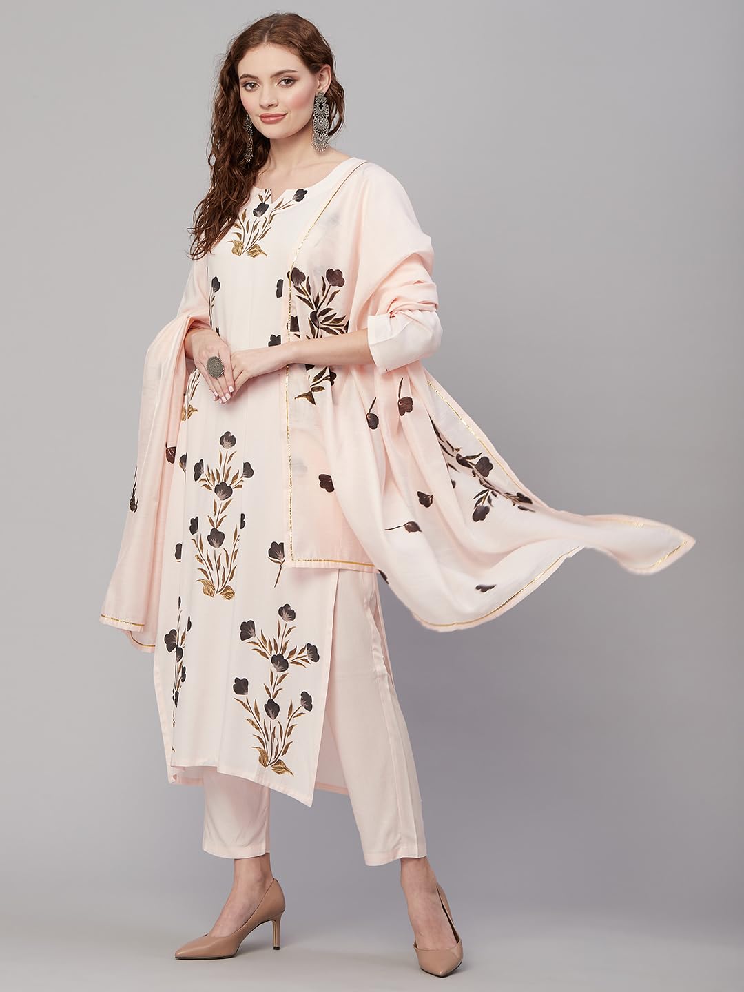ANNI DESIGNER Womens Cotton Blend Straight Printed Kurta with Pant & Dupatta (Brush-Peach-KNW_XXL_Peach_XX-Large)