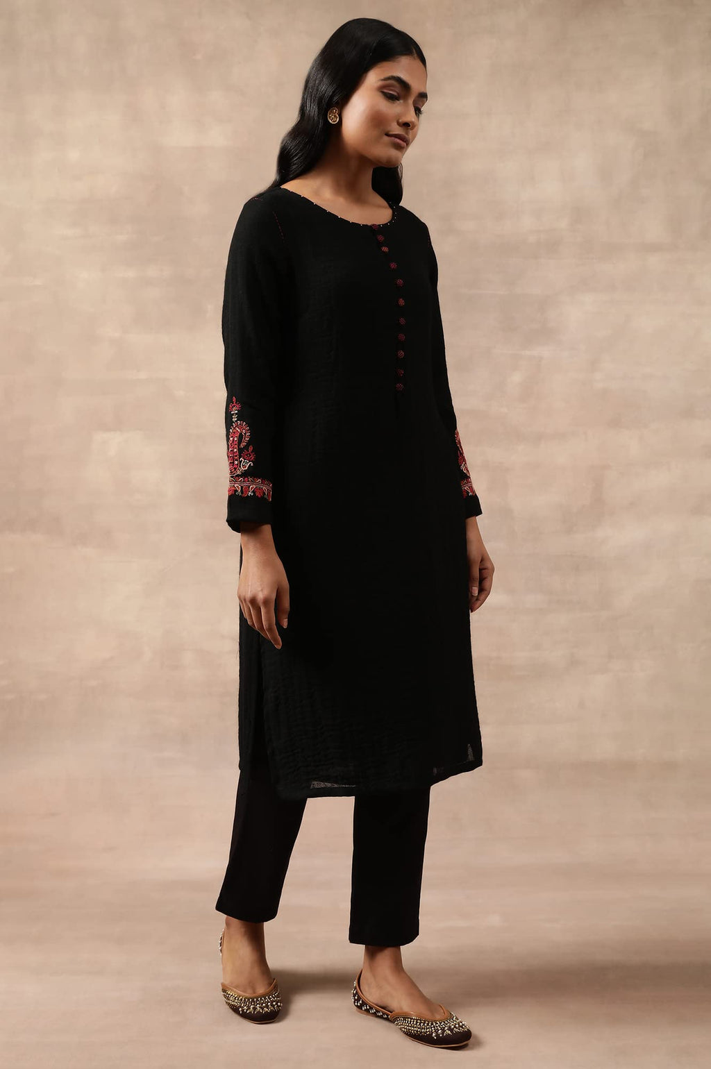 W For Woman Black Woollen Embroidered Kurta