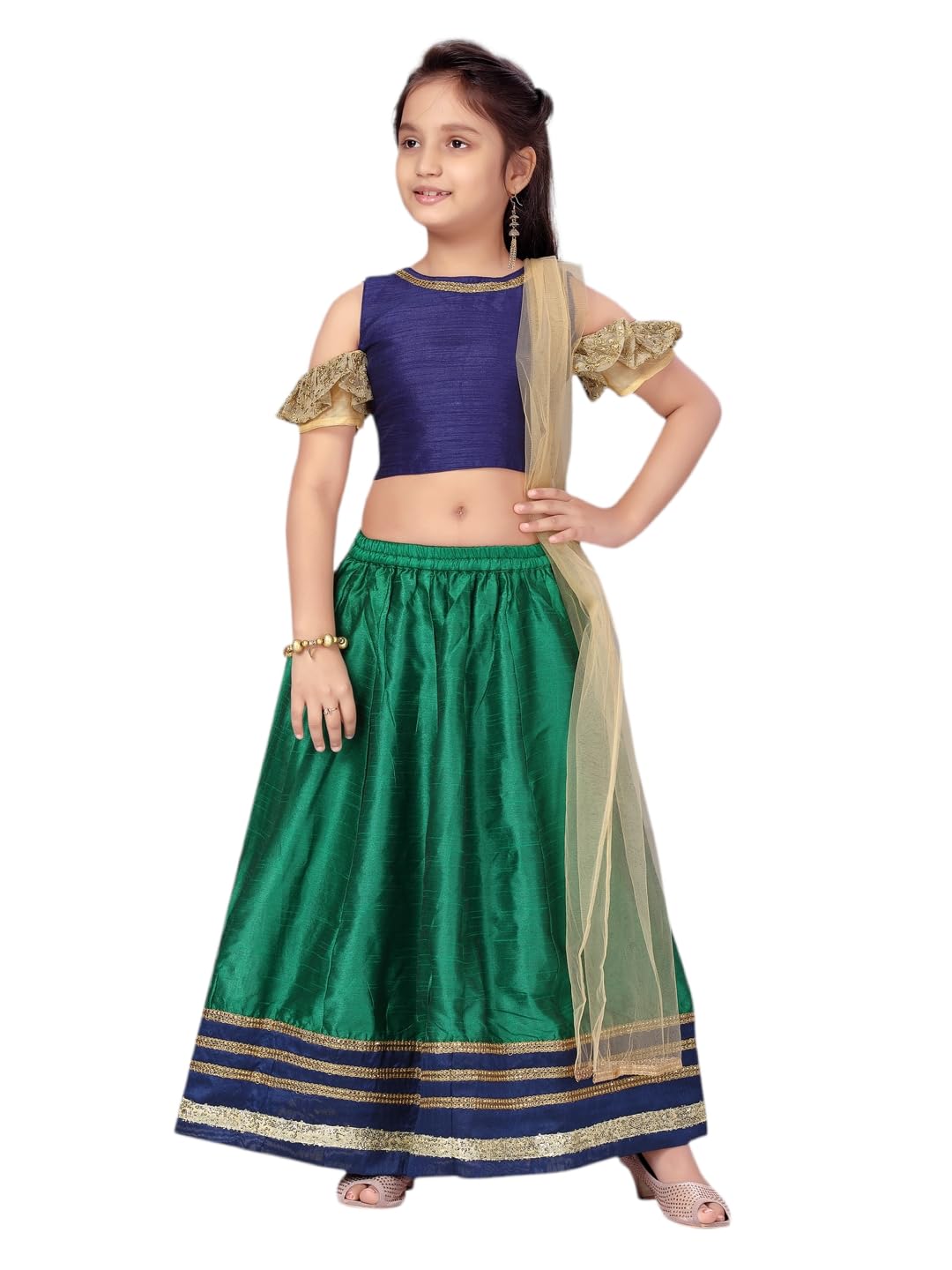 Aarika Girls Navy Blue-Green Color Solid Pattern Lehenga Choli with Dupatta set (JLY_LCH_22115_NAVY_BLUE_30)