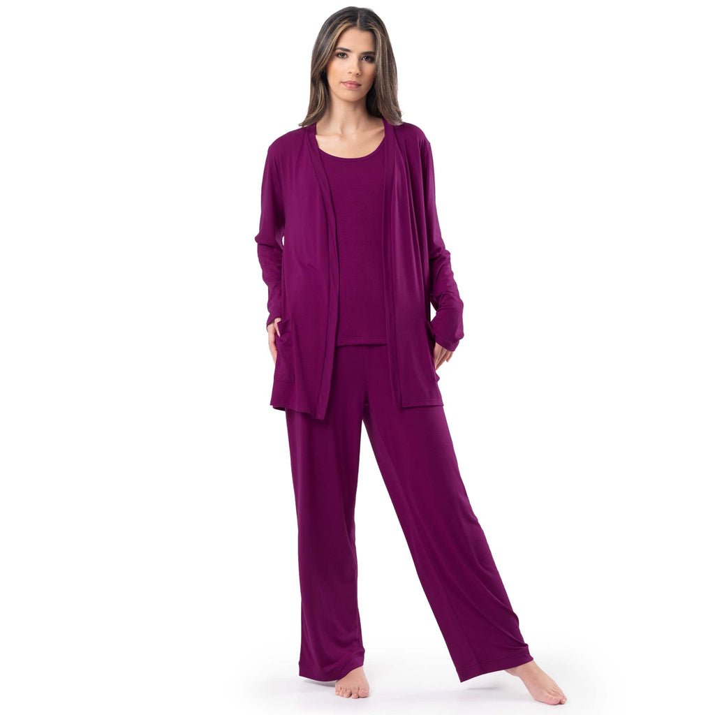 Fruit of the Loom Women's Breathable Tank Top, Pant, and Cardigan Sleep Set, Boysenberry, Medium