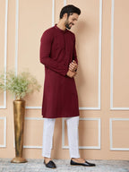 See Designs MenS Long Sleeve Mandarin Collar Side Slit Maroon Embroidered Chikankari Rayon Straight Kurta With Pyjama - Sdkt256