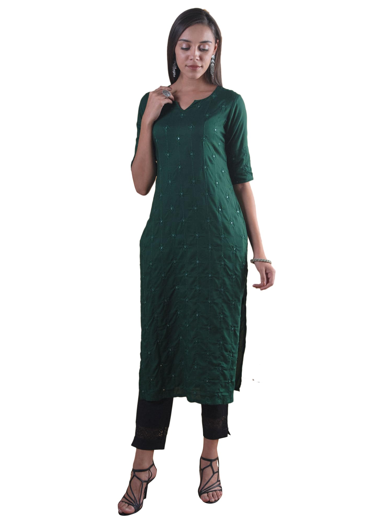 Libas WomenS Rayon Embroidered Regular Kurta (7333_Green