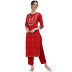 Ishin Women'S Pure Cotton Straight Embroidered Zari Bandhani Print Red Kurta Suit Set With Trouser Dhkpant-5011_M_Red