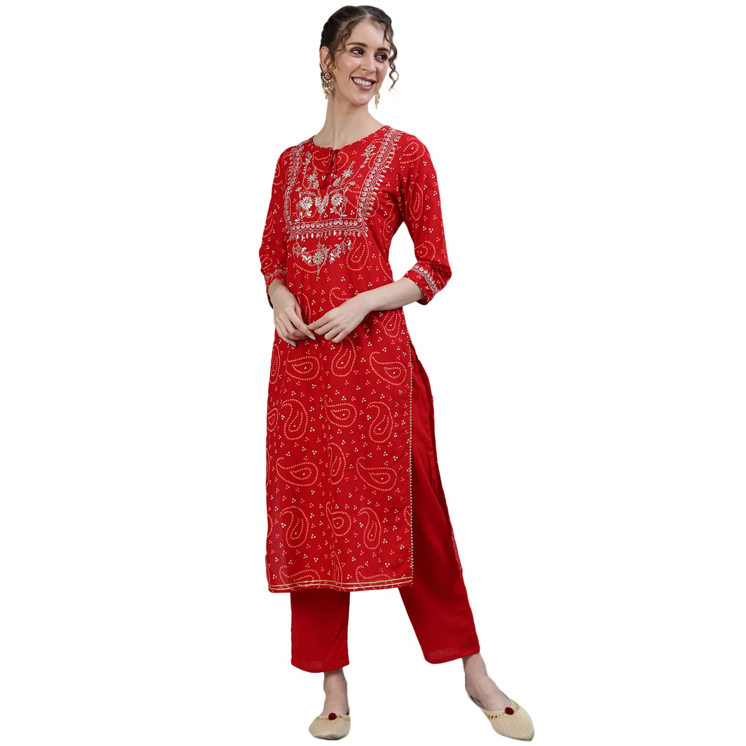 Ishin Women'S Pure Cotton Straight Embroidered Zari Bandhani Print Red Kurta Suit Set With Trouser Dhkpant-5011_M_Red