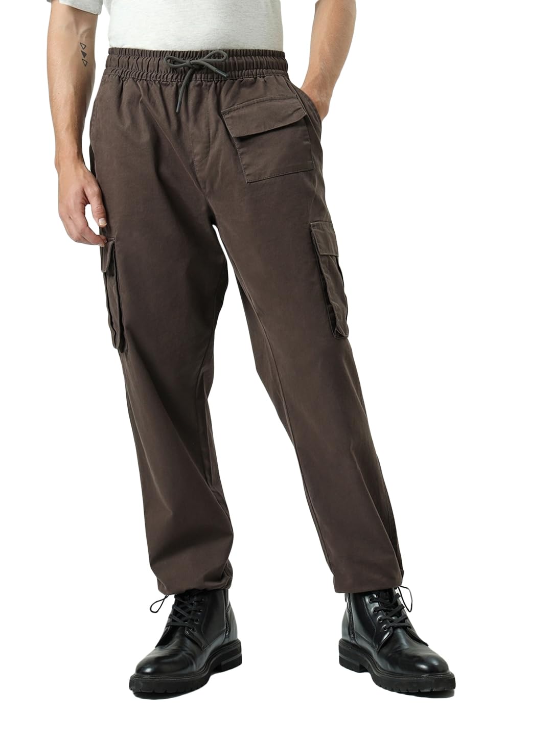 Bewakoof Mens Solid Baggy Oversized Fit Trousers_609760_Brown_32