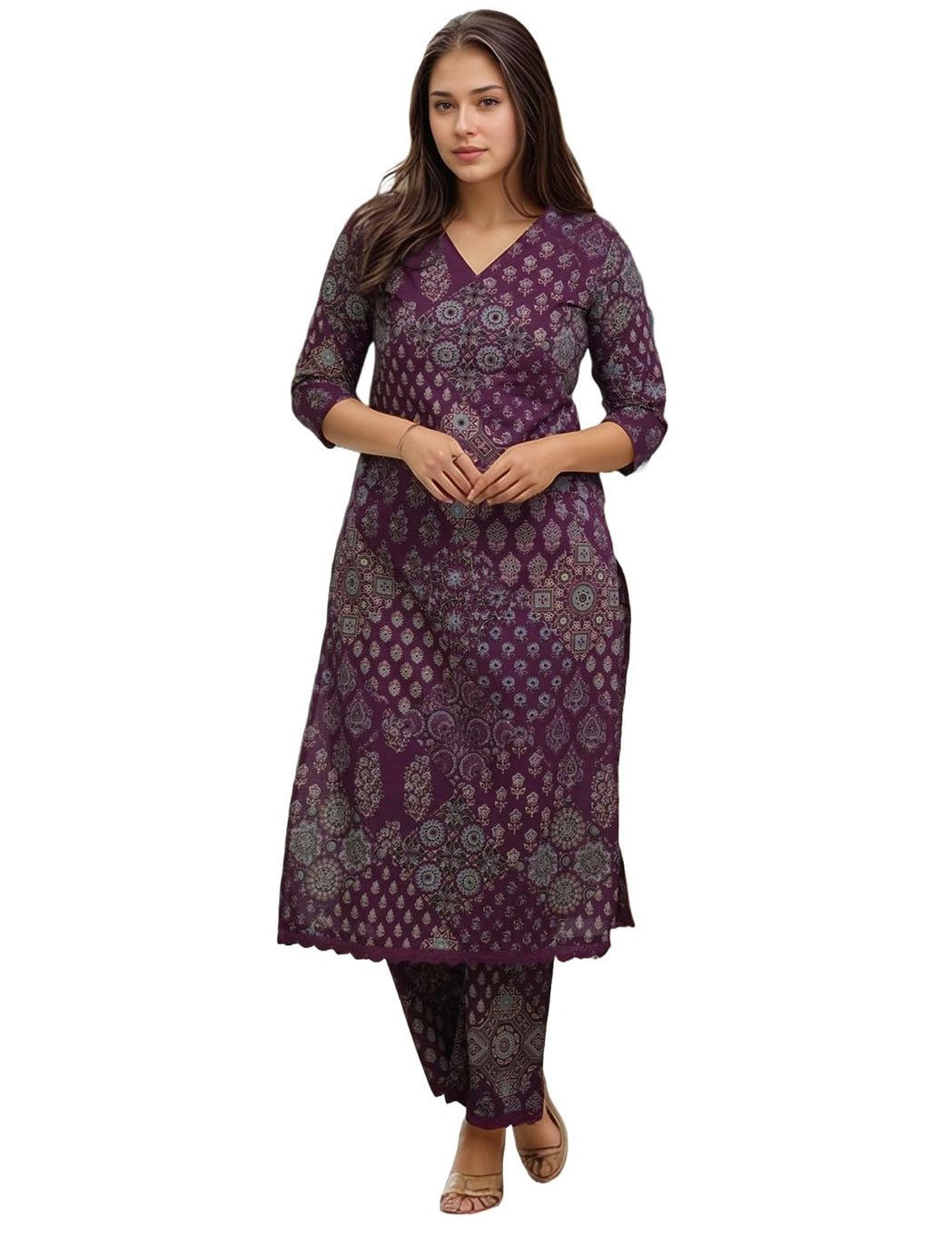 ANNI DESIGNER Womens Rayon Viscose Straight Printed Kurta with Pant (KADAI Wine_S_Wine_Small)