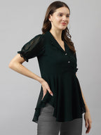 Toochki Womens Bottle Green Georgette Solid Flared Western Top | Winter Top | Western Top | Top for Women | Latest Women Top |