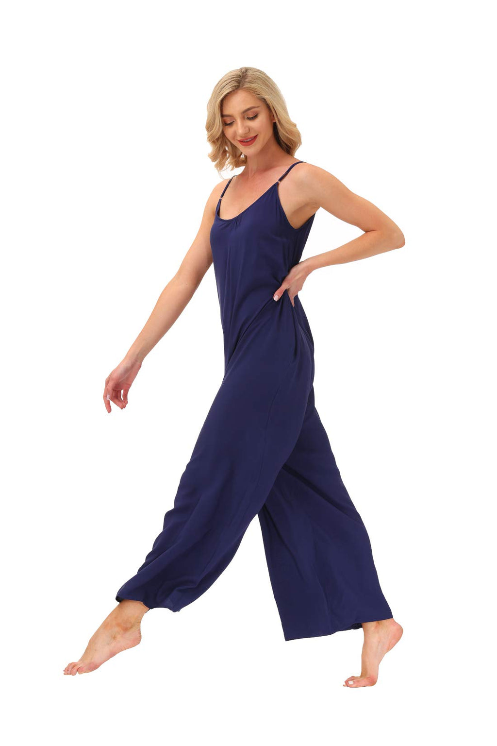 wexcen Womens Floral Printed Jumpsuits Casual Sleeveless Spaghetti Strap Rompers Wide Leg Pants with Two Pockets (Navy, XL)