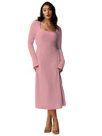 Shasmi Womens Pink Square Neck A-Line Dress  Long Sleeve, Tie Waist, Knitted Stretchable, Casual & Office Outfit, Solid Winter M