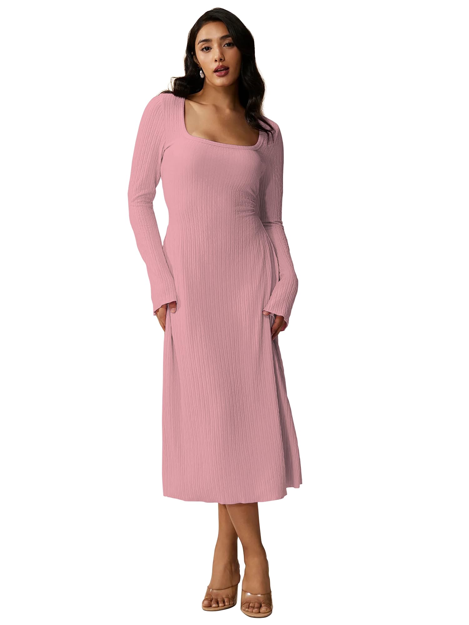 Shasmi Womens Pink Square Neck A-Line Dress  Long Sleeve, Tie Waist, Knitted Stretchable, Casual & Office Outfit, Solid Winter M