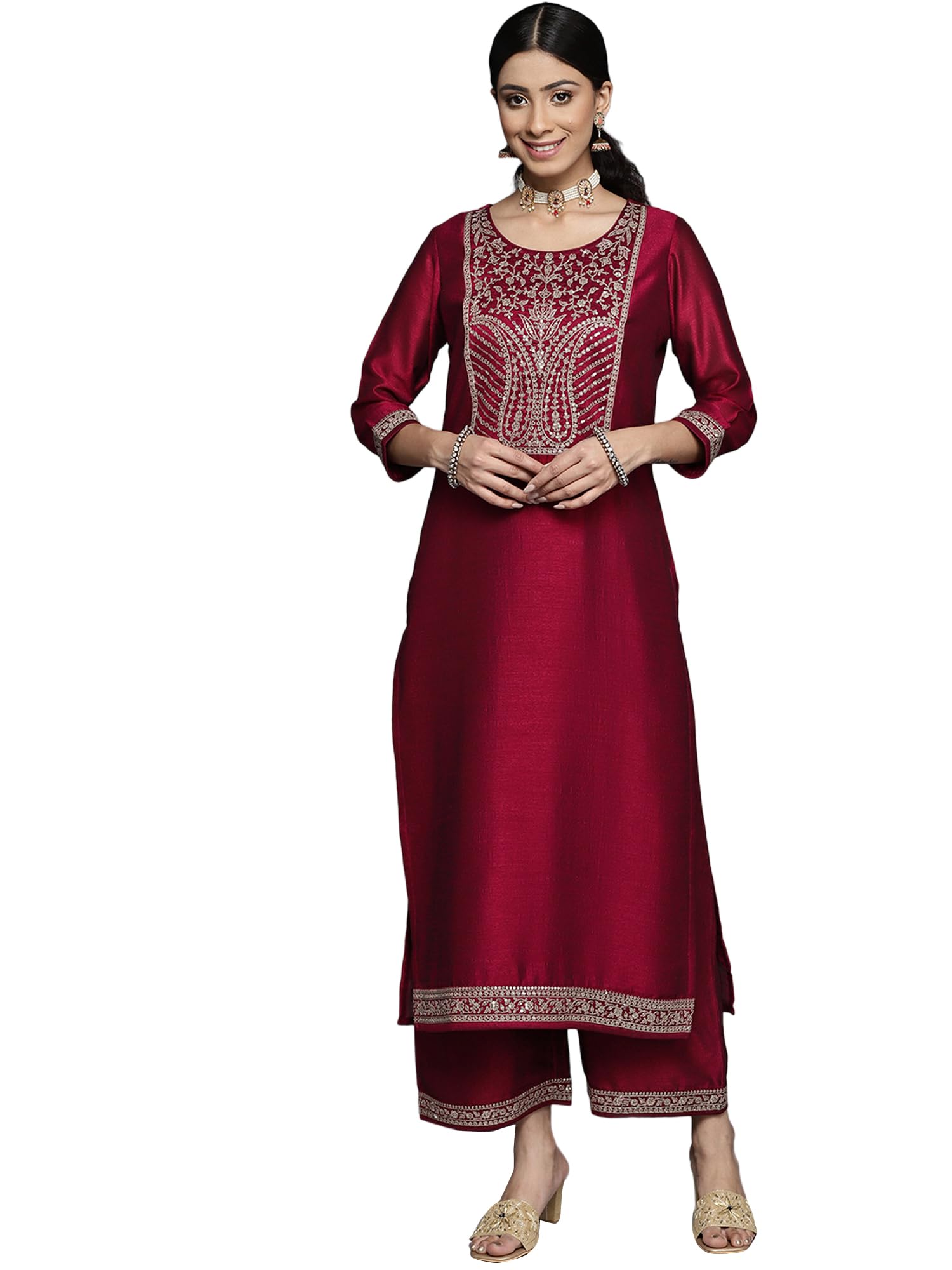 Libas Women'S Silk Yoke Design Straight Kurta (23513O_Fuchsia