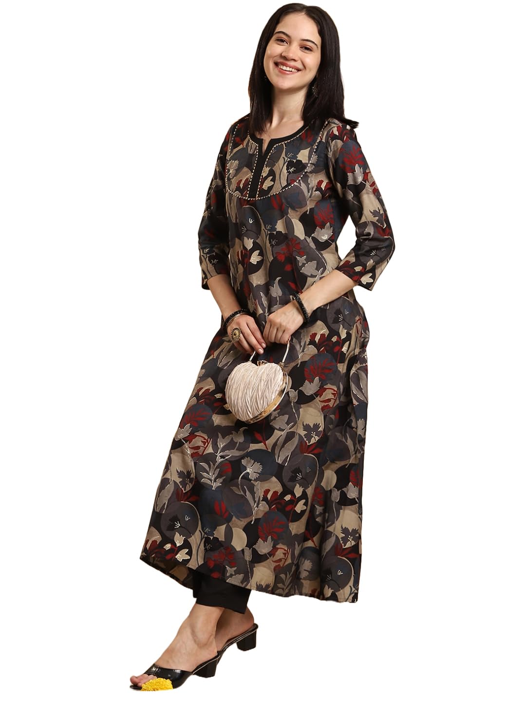 ANNI DESIGNER Womens Rayon Blend Straight Fit Anarkali Printed Kurta with Pant (Allgood Black_M_Black_Medium)