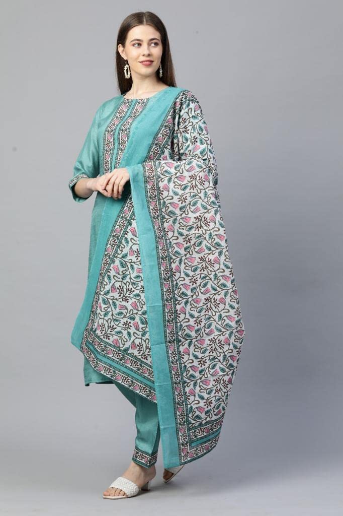 Anni Designer Women'S Silk Blend Solid Straight Kurta With Pant & Dupatta (Deal-Sea-Green-Nwst_S_Sea Green_Small)