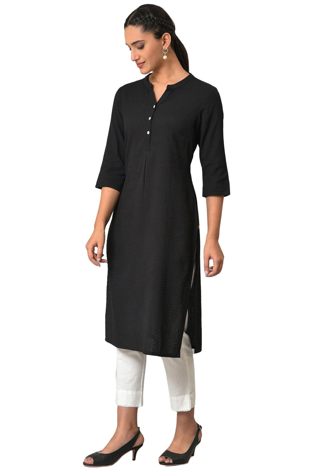 Aurelia Black Solid Cotton-Rayon Blend Regular Kurta For Women