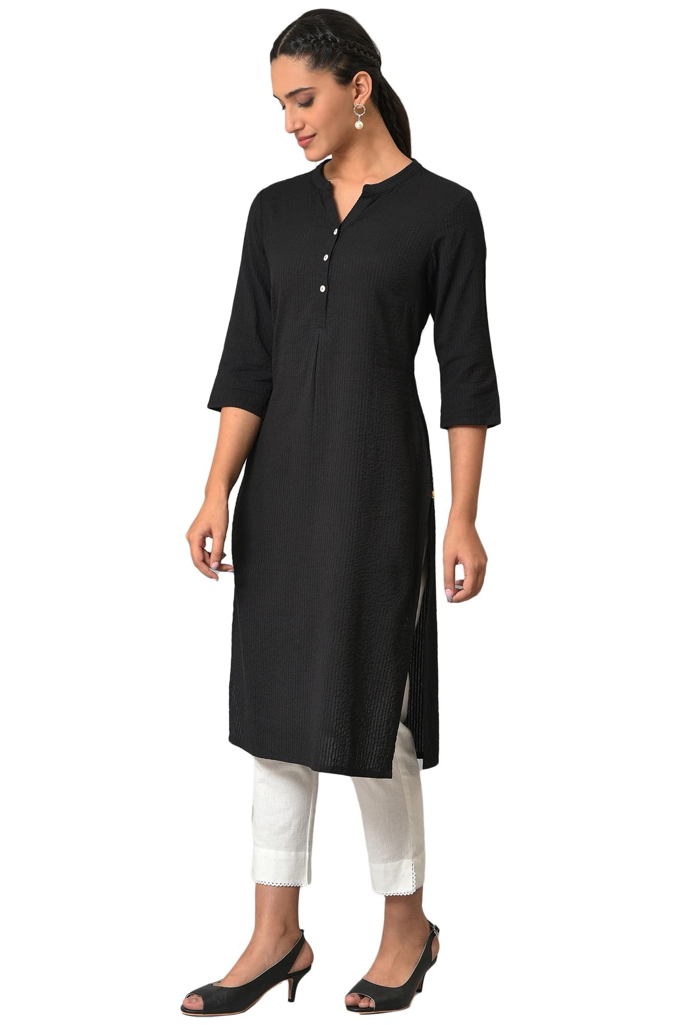 Aurelia Black Solid Cotton-Rayon Blend Regular Kurta For Women