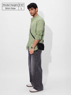 The Souled Store Solids: Light Green Men and Boys Long Sleeves Mandarin Collared Neck Button Front Regular Fit Cotton Linen Shir