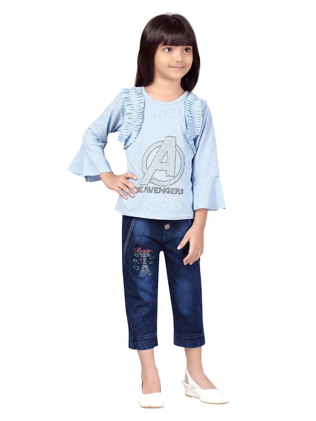 Aarika Girls Sky Blue-Blue Color Embellished Polyester Top & Capri (DR-SC-6023-SKY-BLUE-24)