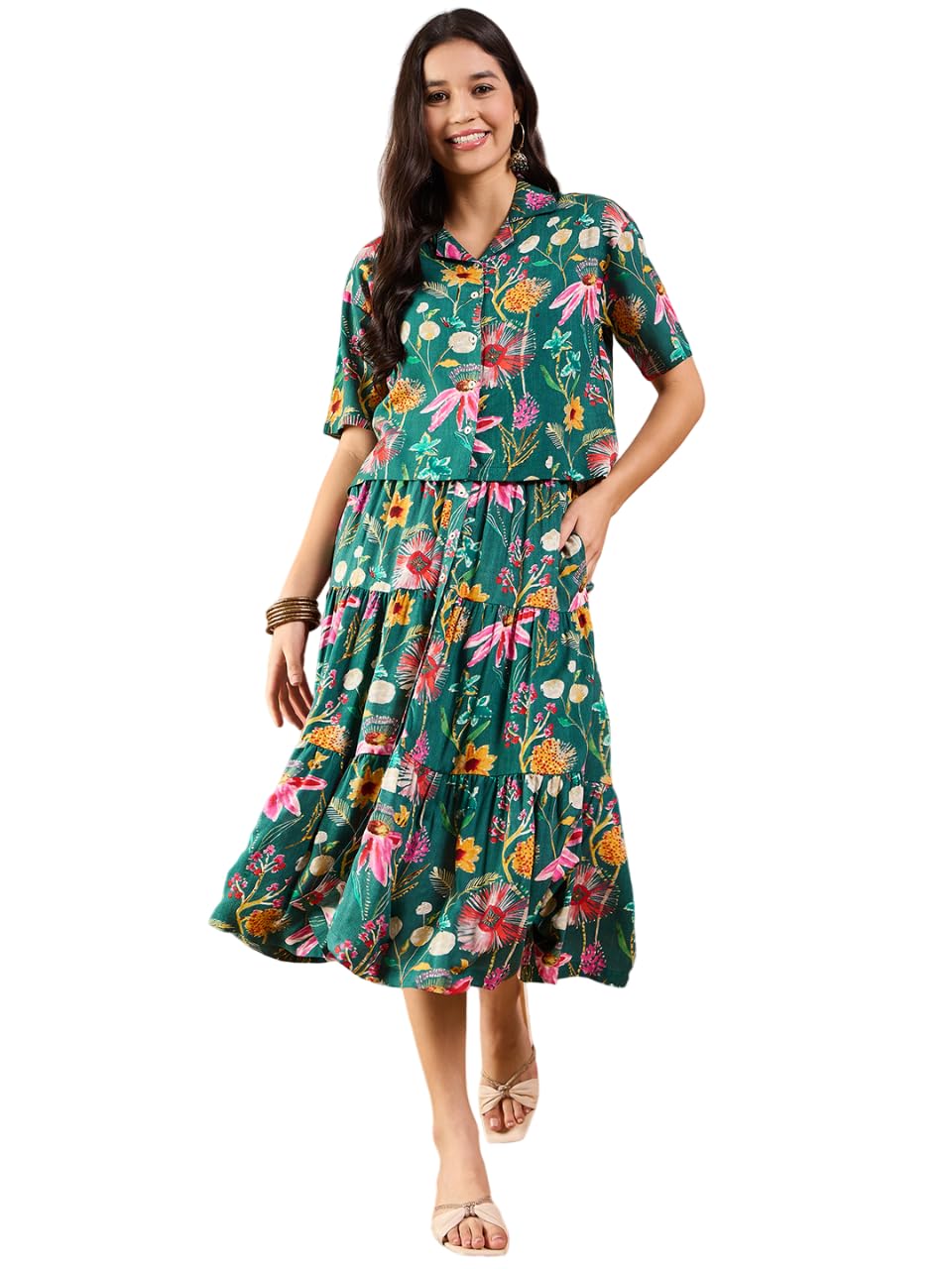 Modeve Women Shirt Skirt Green Floral Print Co-Ord Set_X-Large