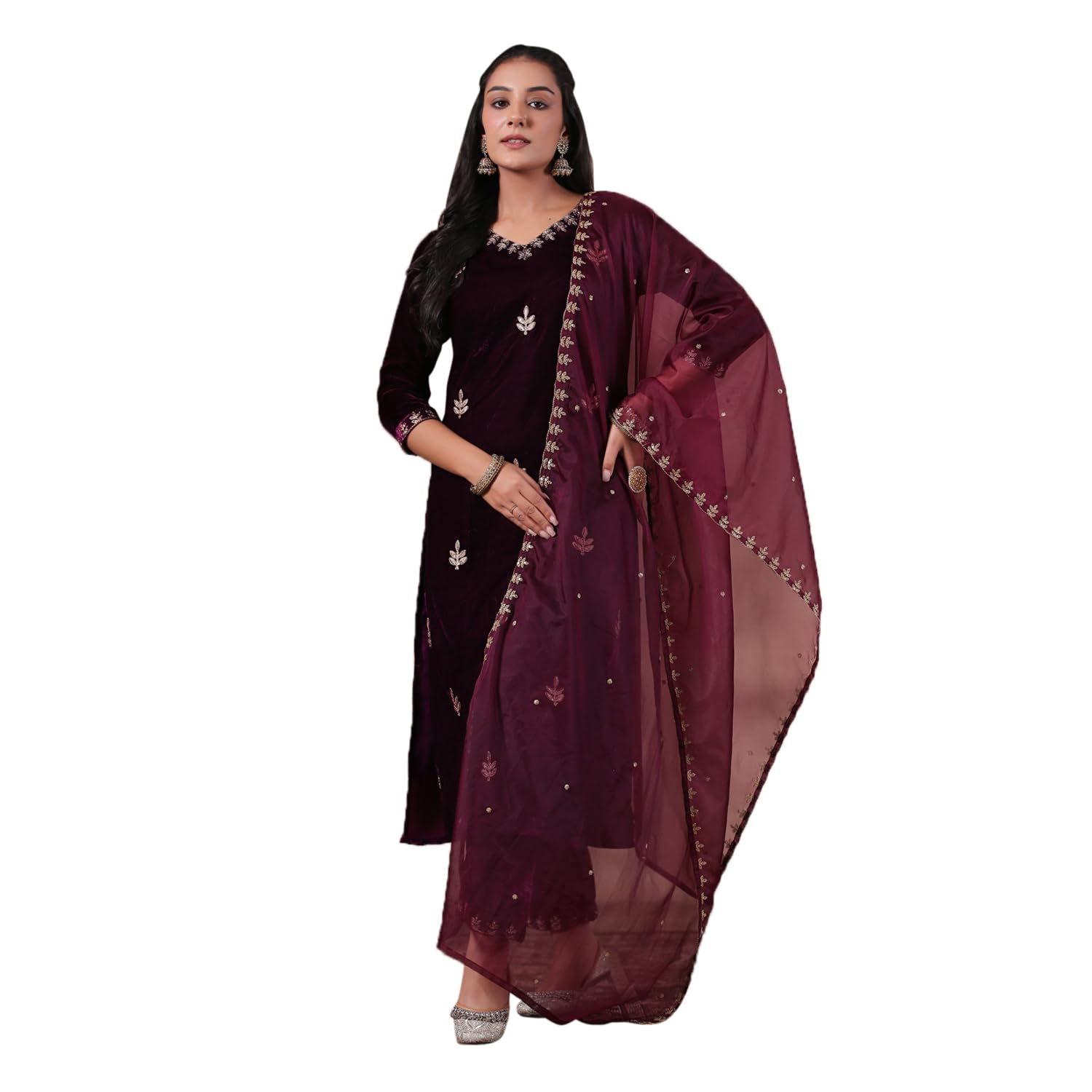 Ishin WomenS Velvet Self Design Zari Purple Straight Kurta Suit Set With Trousers & Dupatta