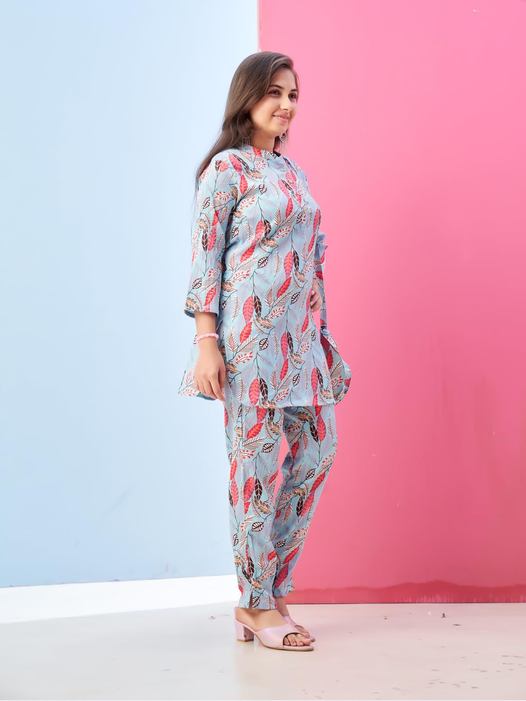 Aarika Girls Casual Wear Sky Blue Colour Leafs Print Polyester Co-ord Set-8-15 Years (KP-TR-K-987)