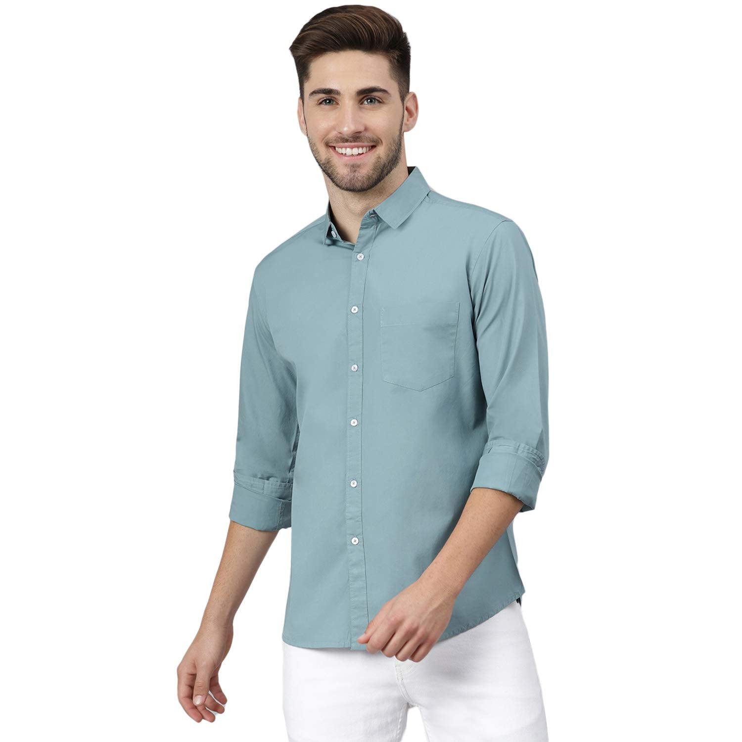 Dennis Lingo Men s Solid Dusty Teal Slim Fit Casual Shirt (C301_D-TEAL_XXL)