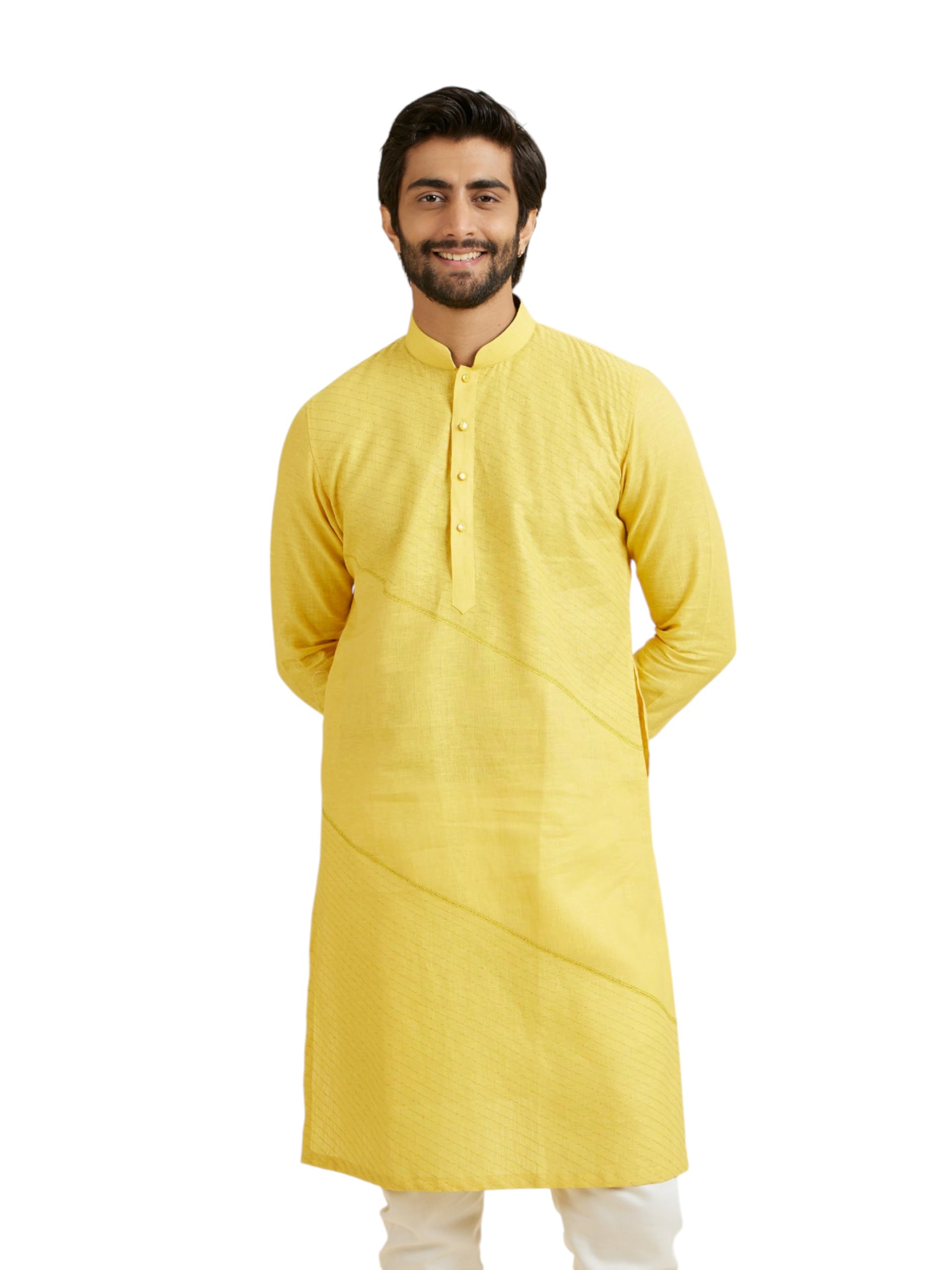 Manyavar Mens Pure Linen Solid Long Kurta(Yellow,XXL)