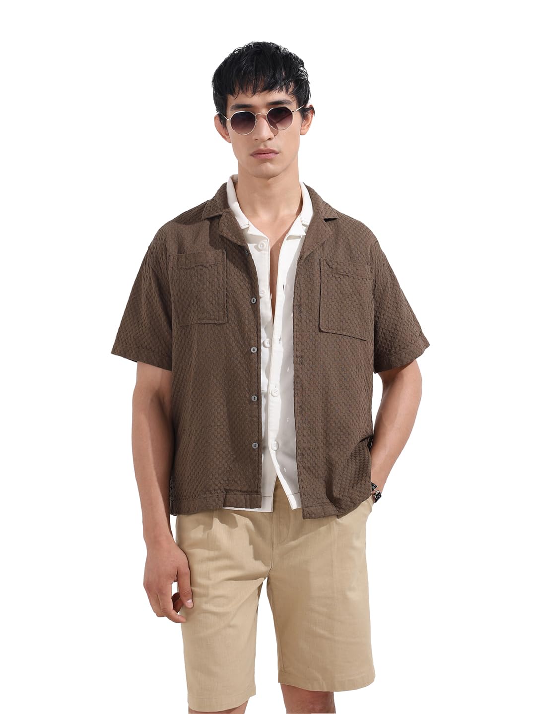 The Indian Garage Co Mens Relaxed Fit Geometric Print Cuban Collar Half Sleeves Resort Sweater
